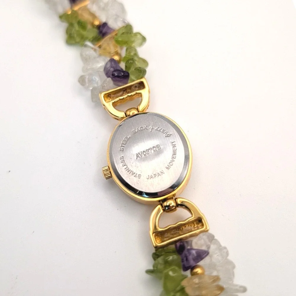 Quartz Crystal Mixed Gemstone Bracelet Watch Gold Tone Japanese Movement 7